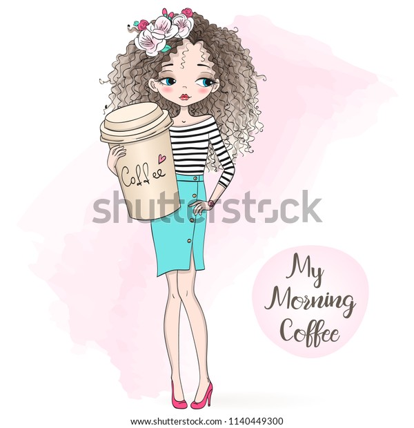 Hand Drawn Beautiful Cute Curly Girl Stock Vector Royalty Free 1140449300