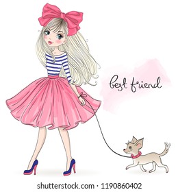 Hand drawn beautiful, cute fashion girl with pretty dog chihuahua. Vector illustration.