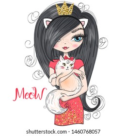 Hand drawn beautiful, cute, fashion girl with cat. Vector illustration.