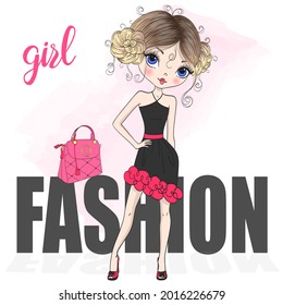 Hand drawn beautiful cute fashion cartoon girl. Vector illustration.