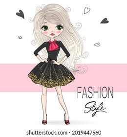 Hand drawn beautiful cute fashion cartoon girl. Vector illustration.