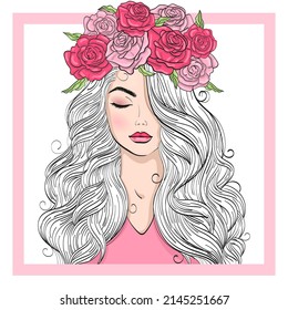 Hand drawn beautiful, cute fashion girl with wreath. Vector illustration.