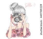 Hand drawn beautiful cute girl in a floral dress with camera in his hands. Vector illustration.