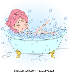 Hand drawn beautiful, cute girl in the bathroom blow bubbles. Vector illustration.