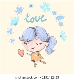 Hand drawn beautiful cute girl in a wreath of flowers and heart. Vector illustration.