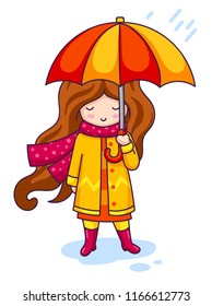 Hand drawn beautiful cute girl with umbrella on autumn background. Vector illustration for card, postcard, print, poster, invitation.