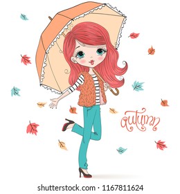 Hand drawn beautiful cute girl with umbrella on background with an inscription autumn. Vector illustration.