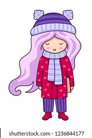 Hand drawn beautiful cute girl, wearing winter coat. Kawaii cartoon character. Vector illustration.