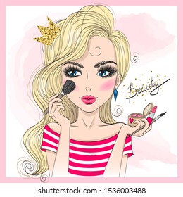 Hand drawn beautiful cute girl with makeup brush, blush and lipstick in her hand, doing makeup. Vector illustration.