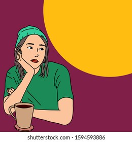 Hand drawn beautiful cute girl daydreaming. Vector cartoon sketch illustration. Eps 10