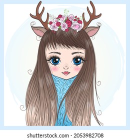 Hand drawn beautiful cute girl deer. Vector illustration.