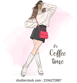 Hand drawn beautiful cute girl with coffee in his hand. Vector illustration.