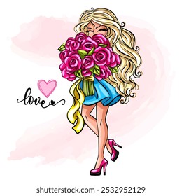 Hand drawn beautiful cute girl with flowers. Vector illustration.