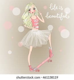 Hand drawn beautiful cute girl ballerina in a tutu and on a skateboard. Vector illustration.