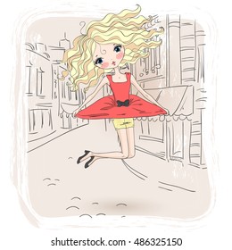 Hand drawn beautiful cute girl  jumping in the air on the background of city. Vector illustration.