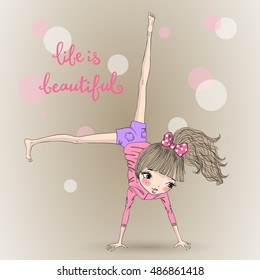 Hand drawn beautiful cute girl doing a Kart wheel. Vector illustration.