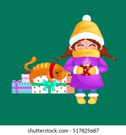 Hand drawn beautiful cute girl with cup of coffee in hands. Winter holiday and Merry Christmas kids vector illustration.