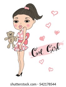 Hand drawn beautiful cute girl with a teddy bear. Vector illustration.