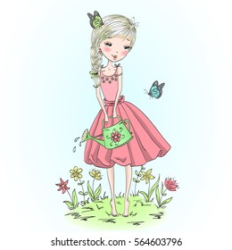 Hand drawn beautiful cute girl watering flowers in the garden with butterflies. Vector illustration.