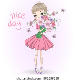 Hand drawn beautiful cute girl with a bouquet of flowers and butterflies. Vector illustration.