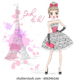 Hand drawn beautiful cute girl in an elegant dress on the background of Eiffel Tower. Vector illustration.
