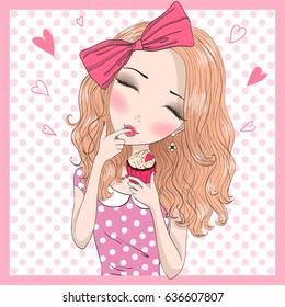 Hand drawn beautiful cute girl with bow on her hair eating cupcakes. Vector illustration.