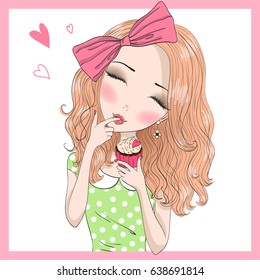 Hand drawn beautiful cute girl with bow on her hair eating cupcakes. Vector illustration.