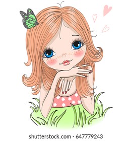 Hand drawn beautiful cute girl with a butterfly lies on a green grass. Vector illustration.