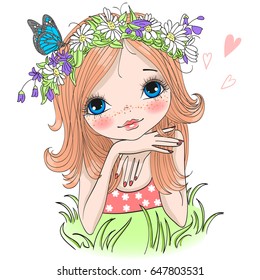 Hand drawn beautiful cute girl in a wreath from daisies with a butterfly lies on a green grass. Vector illustration.