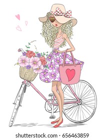 Bonita chica atractiva a mano cerca de una bicicleta con una canasta llena de flores. Ilustración vectorial.