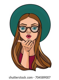 Hand drawn beautiful cute girl in the hat and glasses. Vector illustration on a white background - air kiss. Can be used for fashion print design, cosmetics advertising, greeting and invitation card.