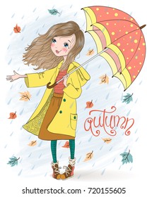 Hand drawn beautiful cute girl with umbrella on background with an inscription autumn. Vector illustration.