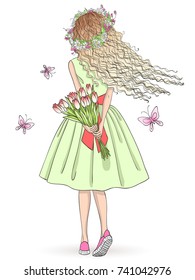 Hand drawn beautiful cute girl stands and her back and bouquet flowers   butterflies  Vector illustration 