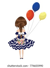 Hand drawn beautiful cute girl stands with her back with a bouquet of flowers and balloon.