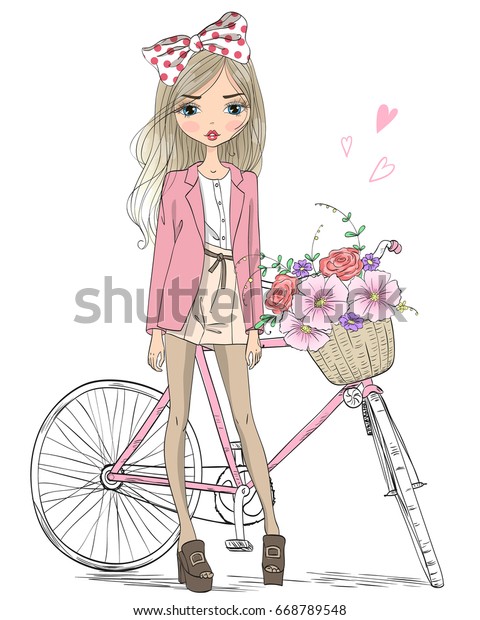 手描きの美しくかわいい女の子が花でいっぱいのバスケットを持つ自転車の近くに立つ ベクターイラスト のベクター画像素材 ロイヤリティフリー 668789548