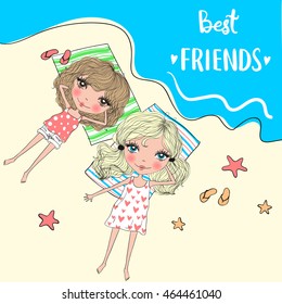 Hand drawn beautiful cute girls friends are sunbathing on the beach. Vector illustration.