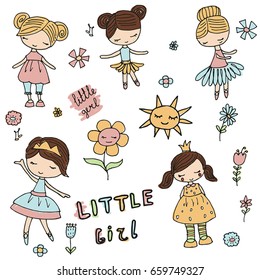 Hand drawn beautiful cute girls on white background. Doodle style drawing.