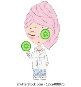 Hand drawn beautiful cute haired girl in pajamas and a cucumbers on eyes. Children cartoon character. T-shirt print. Template for design cards, notebook, shop, poster. Sleepy girl.