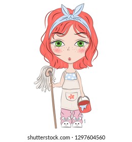 Hand drawn beautiful cute haired girl with a rag and a bucket. Children cartoon character. Template for design cards, notebook, shop, poster. Cleaning the house from dirt and dust. 