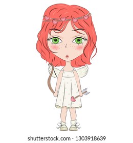 Hand drawn beautiful cute haired girl with love arrows and bow. Cartoon character. Template for design cards, notebook, shop, poster. Cupidon. Valentine angel with heart, cupid love amur illustration 