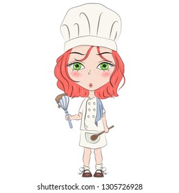 Hand drawn beautiful cute haired girl cooking food. Cartoon character. Template for design cards, notebook, shop, poster. The little bakery girl chef is happy. Girl chief-cooker