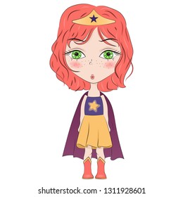 Hand drawn beautiful cute haired girl in superhero costume . Cartoon character. Template for design cards, notebook, shop, poster. The little superhero girl.