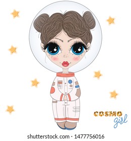 Hand drawn beautiful cute haired girl in space suit. Cartoon character. Template for design cards, notebook, shop, poster. The little cosmonaut girl.