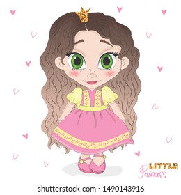 Hand drawn beautiful cute haired girl. Cartoon character. Template for design cards, notebook, shop, poster. The little princess.