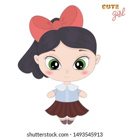 Hand drawn beautiful cute haired girl. Cartoon character. Template for design cards, notebook, shop, poster. The little girl.