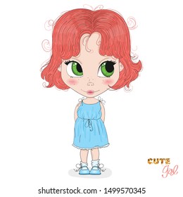 Hand drawn beautiful cute haired girl. Cartoon character. Template for design cards, notebook, shop, poster. The little girl.