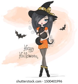 Hand Drawn Beautiful Cute Halloween Girl Witch With Black Cat. Vector Illustration.