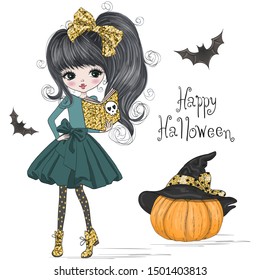 Hand drawn beautiful cute Halloween girl witch with pumpkin head. Vector illustration.