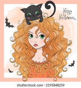 Hand drawn beautiful cute Halloween girl witch with black cat. Vector illustration.