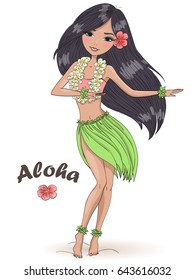Hand drawn beautiful cute hula girl with hibiscus necklace on the background with inscription Aloha. Hawaii concept. Vector illustration.